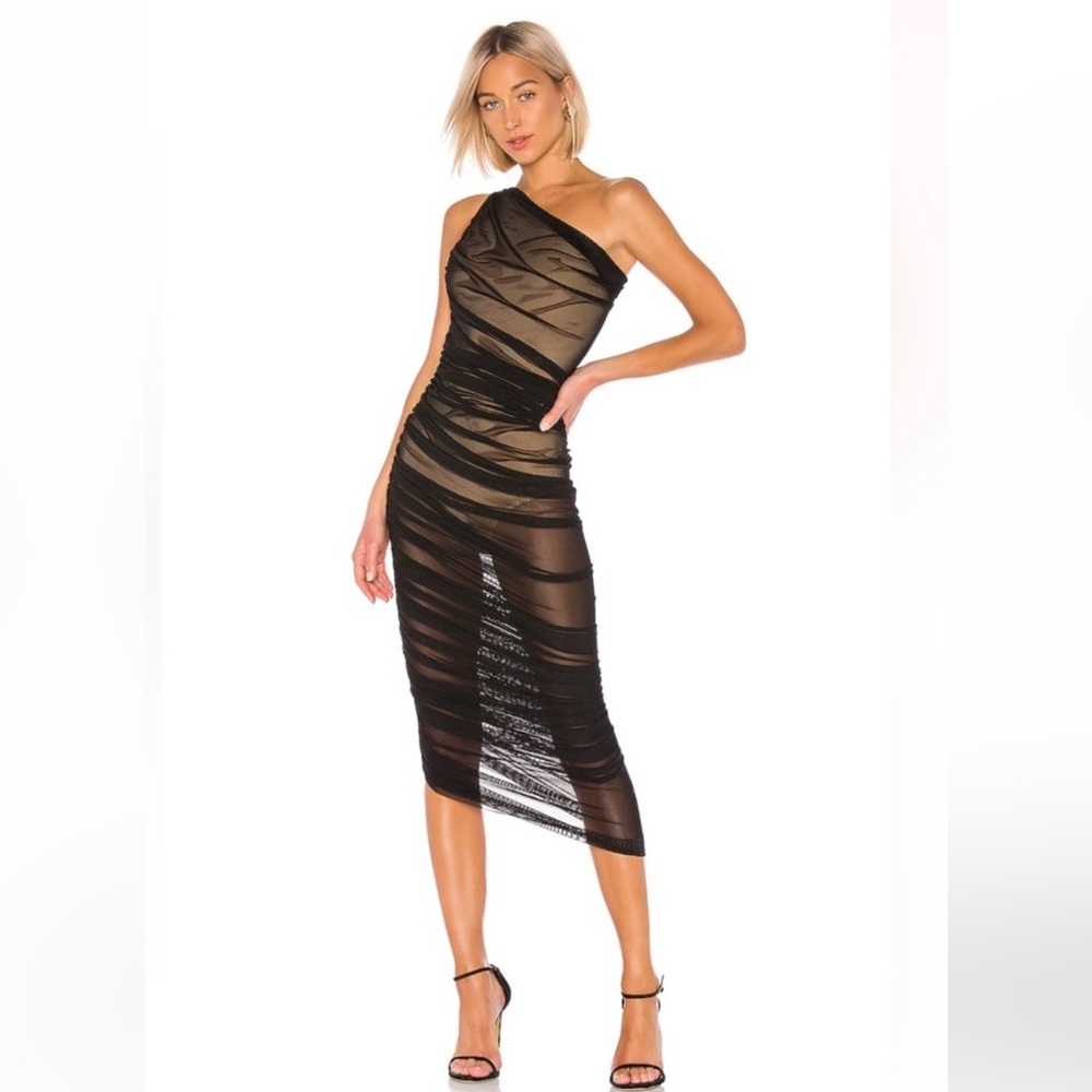 NEW Norma Kamali Diana Gown one shoulder nude in Black Mesh sz Large